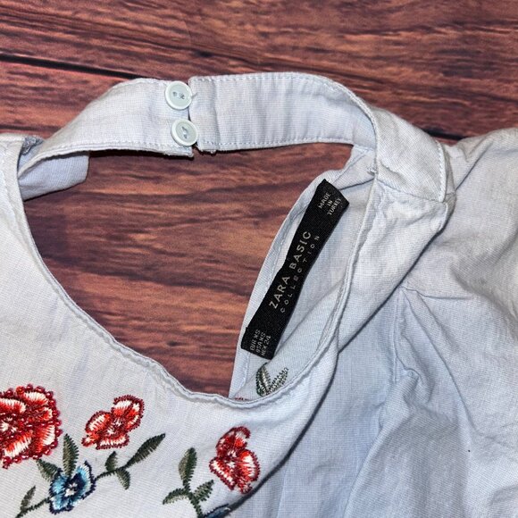 ZARA Embroidered Floral Ruffle Blouse - Light Blue Cotton - XS - Picture 8 of 10